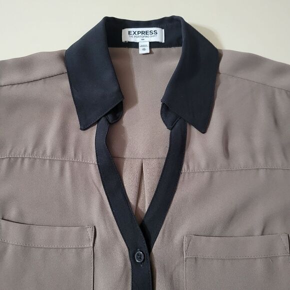 Express Portofino Taupe Button Down Blouse Black Trim - Picture 12 of 14